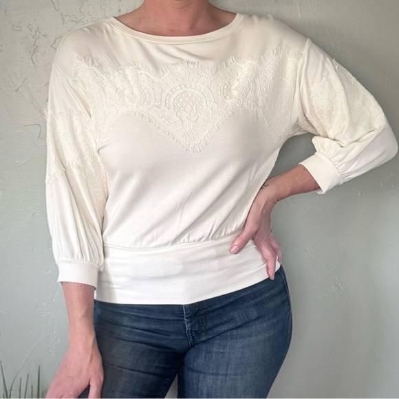 Express Tops - Express White-Cream Lace-Trim 3/4 Sleeve Top